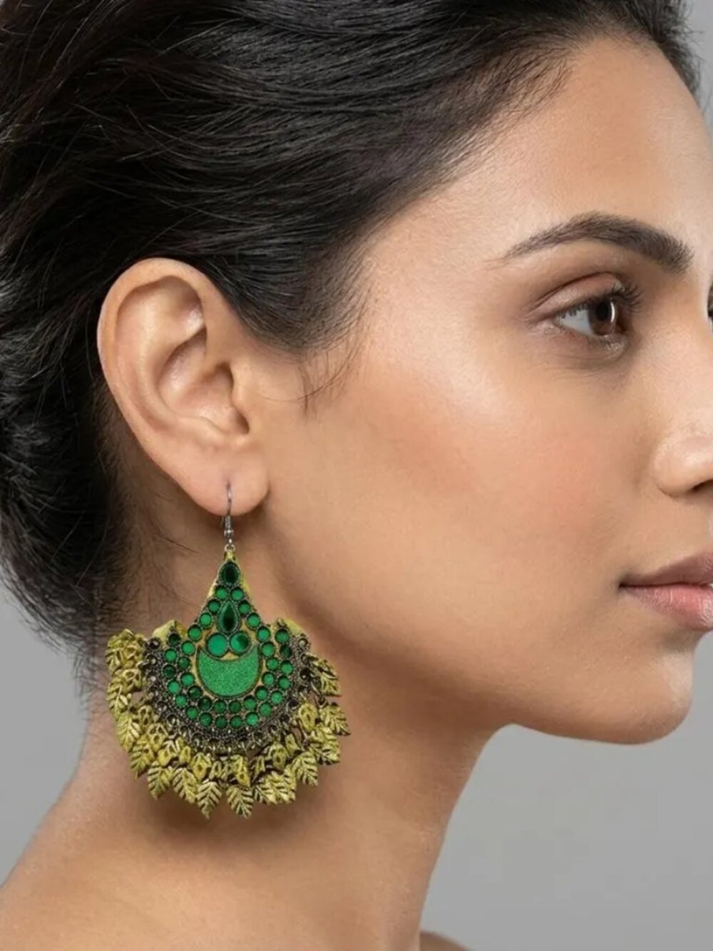 Green Glass Kuchi Earrings: Afghan Tribal Boho Dangle Earrings